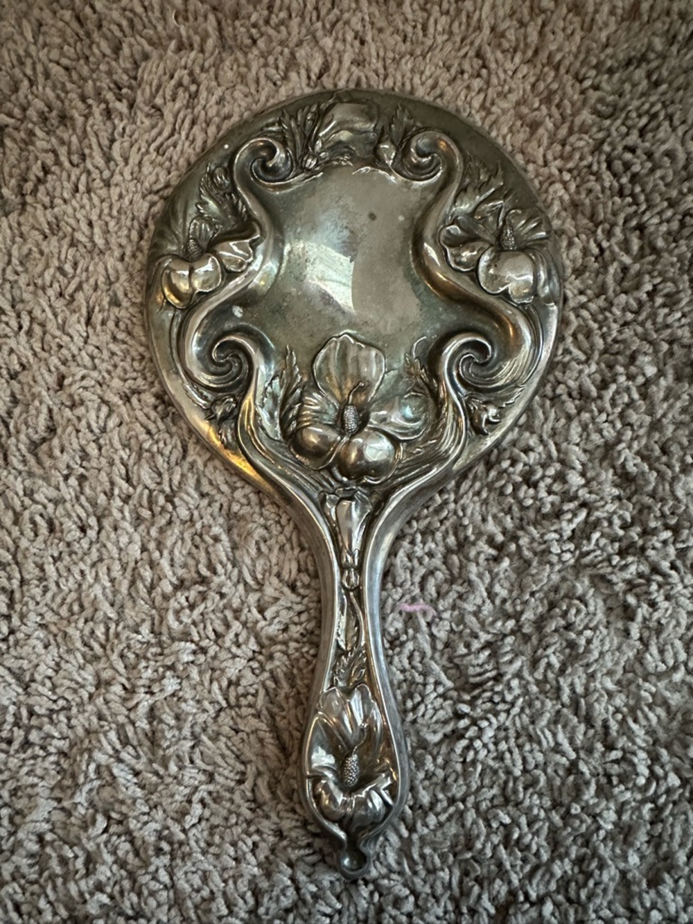 Vintage Art Nouveau Silver-Tone Hand Mirror - Elaborate Floral Relief